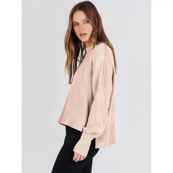 imageANRABESS Women Crewneck Batwing Sleeve Oversized Side Slit Ribbed Knit Crop Pullover Sweater TopPink Khaki