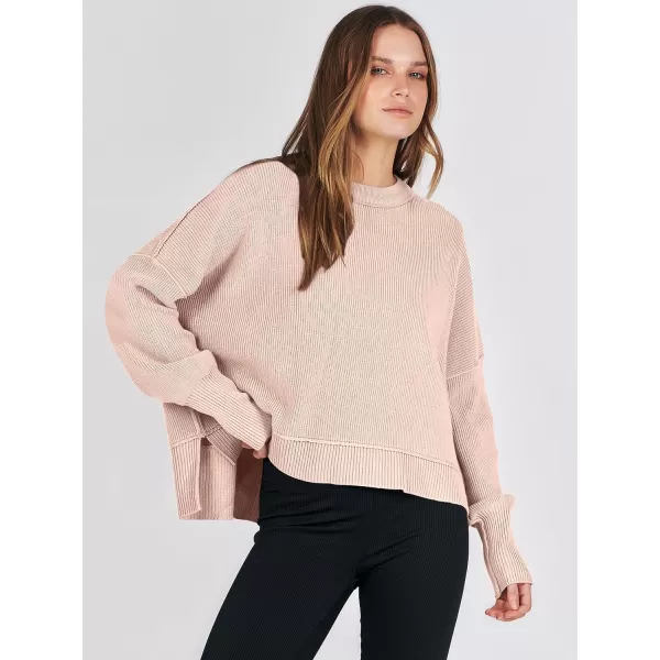 imageANRABESS Women Crewneck Batwing Sleeve Oversized Side Slit Ribbed Knit Crop Pullover Sweater TopPink Khaki