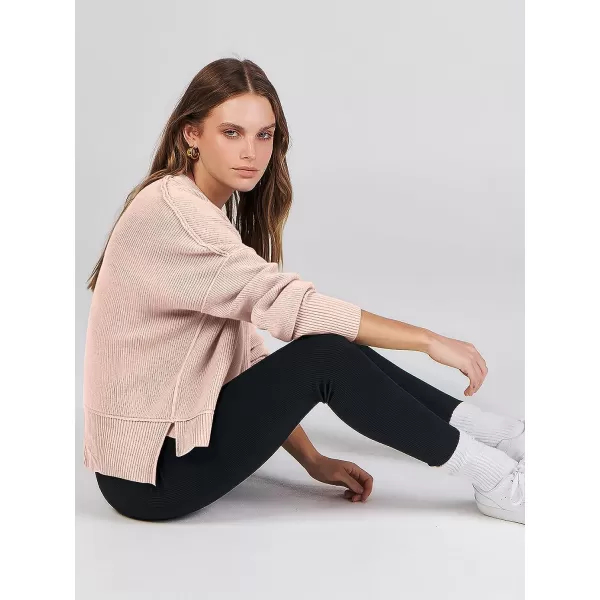 imageANRABESS Women Crewneck Batwing Sleeve Oversized Side Slit Ribbed Knit Crop Pullover Sweater TopPink Khaki
