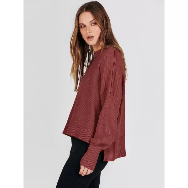 imageANRABESS Women Crewneck Batwing Sleeve Oversized Side Slit Ribbed Knit Crop Pullover Sweater TopRust