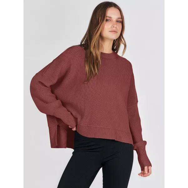 imageANRABESS Women Crewneck Batwing Sleeve Oversized Side Slit Ribbed Knit Crop Pullover Sweater TopRust