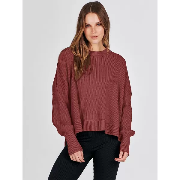 imageANRABESS Women Crewneck Batwing Sleeve Oversized Side Slit Ribbed Knit Crop Pullover Sweater TopRust