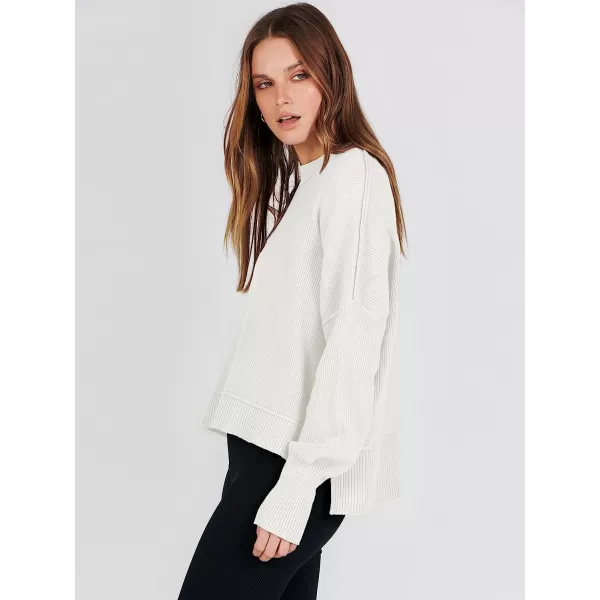 imageANRABESS Women Crewneck Batwing Sleeve Oversized Side Slit Ribbed Knit Crop Pullover Sweater TopWhite