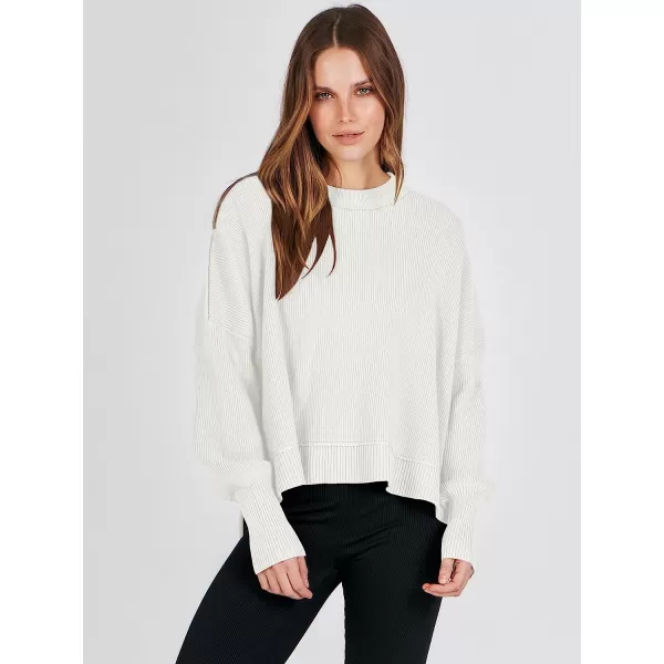 imageANRABESS Women Crewneck Batwing Sleeve Oversized Side Slit Ribbed Knit Crop Pullover Sweater TopWhite