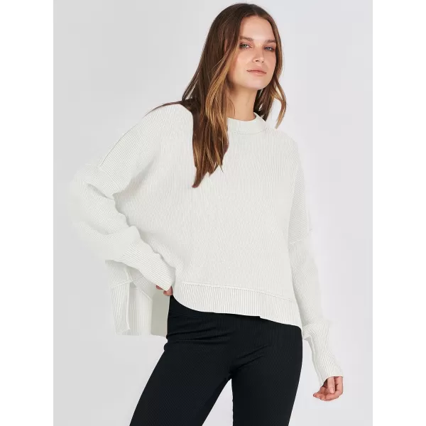 imageANRABESS Women Crewneck Batwing Sleeve Oversized Side Slit Ribbed Knit Crop Pullover Sweater TopWhite