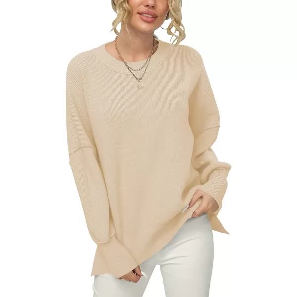 imageANRABESS Women Crewneck Batwing Sleeve Oversized Side Slit Ribbed Knit Pullover Sweater TopApricot