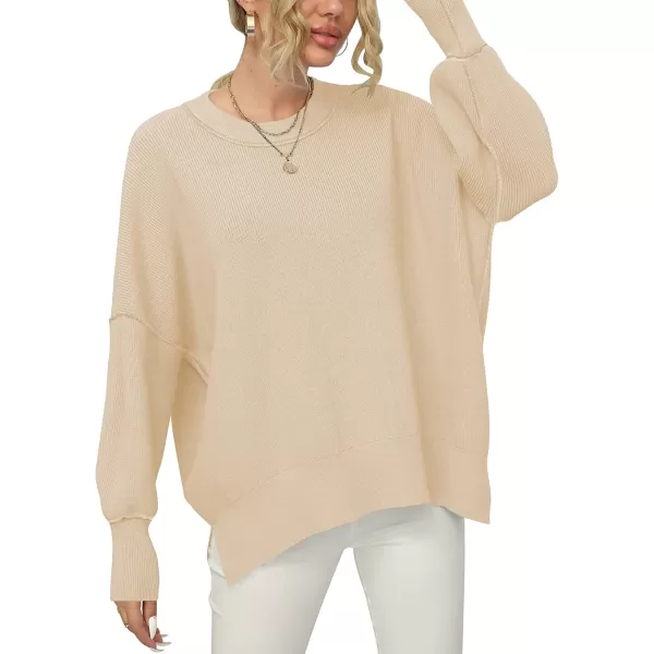imageANRABESS Women Crewneck Batwing Sleeve Oversized Side Slit Ribbed Knit Pullover Sweater TopApricot