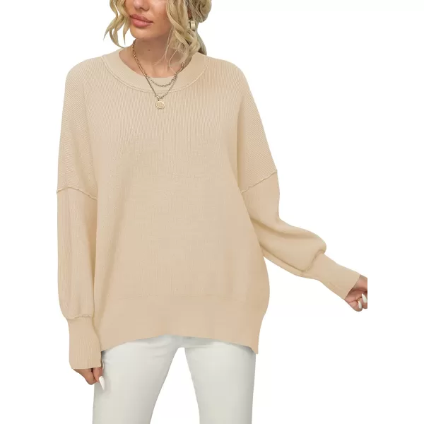 imageANRABESS Women Crewneck Batwing Sleeve Oversized Side Slit Ribbed Knit Pullover Sweater TopApricot