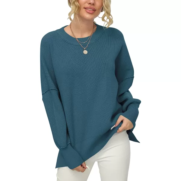 imageANRABESS Women Crewneck Batwing Sleeve Oversized Side Slit Ribbed Knit Pullover Sweater TopBlue