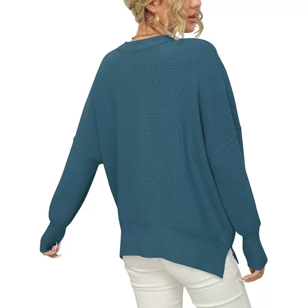 imageANRABESS Women Crewneck Batwing Sleeve Oversized Side Slit Ribbed Knit Pullover Sweater TopBlue