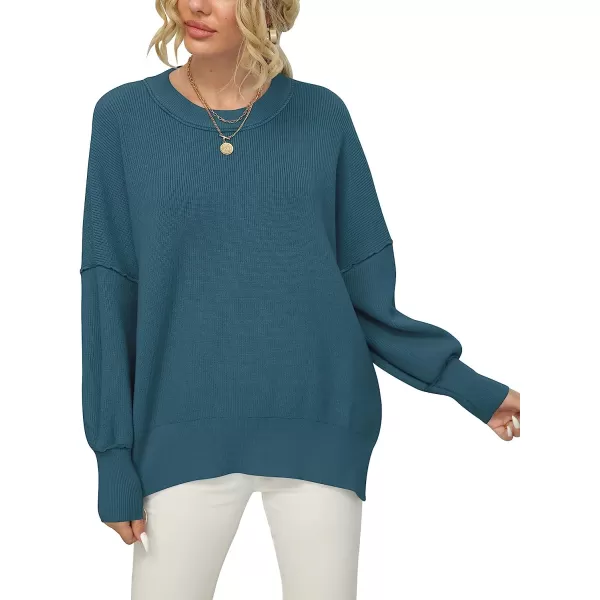 imageANRABESS Women Crewneck Batwing Sleeve Oversized Side Slit Ribbed Knit Pullover Sweater TopBlue