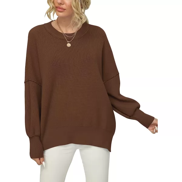 imageANRABESS Women Crewneck Batwing Sleeve Oversized Side Slit Ribbed Knit Pullover Sweater TopCoffee