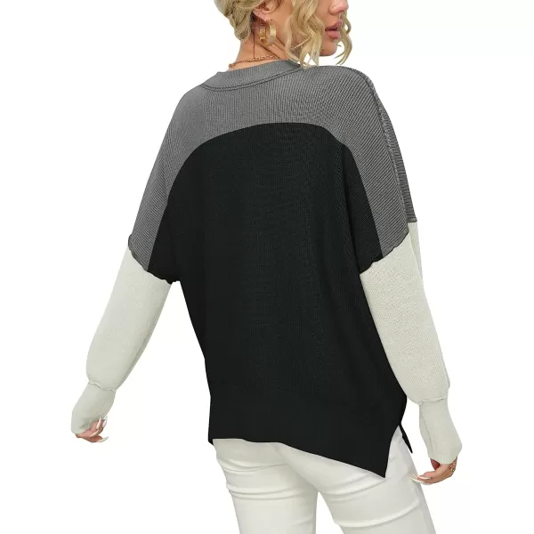 imageANRABESS Women Crewneck Batwing Sleeve Oversized Side Slit Ribbed Knit Pullover Sweater TopColorblock Classic