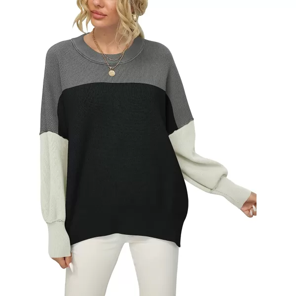 imageANRABESS Women Crewneck Batwing Sleeve Oversized Side Slit Ribbed Knit Pullover Sweater TopColorblock Classic