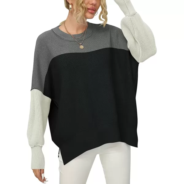 imageANRABESS Women Crewneck Batwing Sleeve Oversized Side Slit Ribbed Knit Pullover Sweater TopColorblock Classic