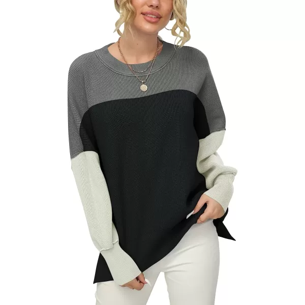 imageANRABESS Women Crewneck Batwing Sleeve Oversized Side Slit Ribbed Knit Pullover Sweater TopColorblock Classic