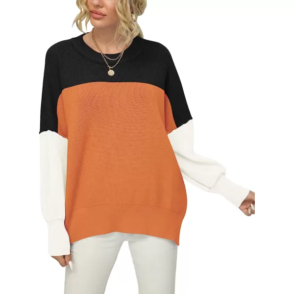 imageANRABESS Women Crewneck Batwing Sleeve Oversized Side Slit Ribbed Knit Pullover Sweater TopColorblock Orange