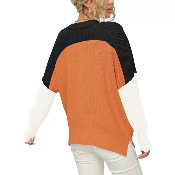 imageANRABESS Women Crewneck Batwing Sleeve Oversized Side Slit Ribbed Knit Pullover Sweater TopColorblock Orange