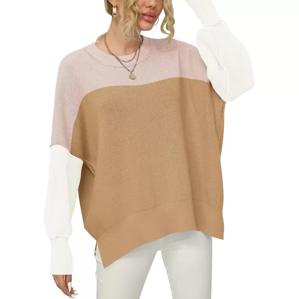 imageANRABESS Women Crewneck Batwing Sleeve Oversized Side Slit Ribbed Knit Pullover Sweater TopColorblock Pink