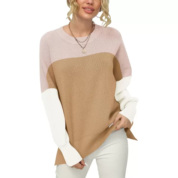 imageANRABESS Women Crewneck Batwing Sleeve Oversized Side Slit Ribbed Knit Pullover Sweater TopColorblock Pink