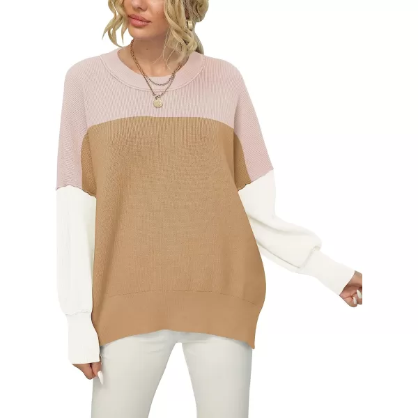 imageANRABESS Women Crewneck Batwing Sleeve Oversized Side Slit Ribbed Knit Pullover Sweater TopColorblock Pink
