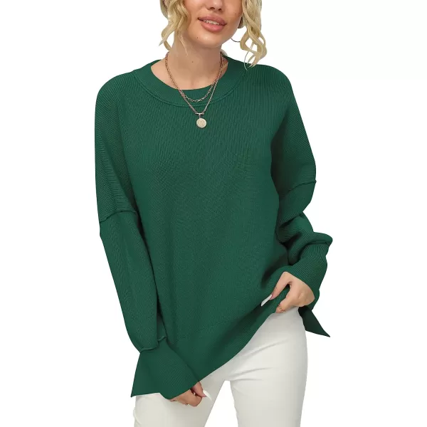 imageANRABESS Women Crewneck Batwing Sleeve Oversized Side Slit Ribbed Knit Pullover Sweater TopDark Green