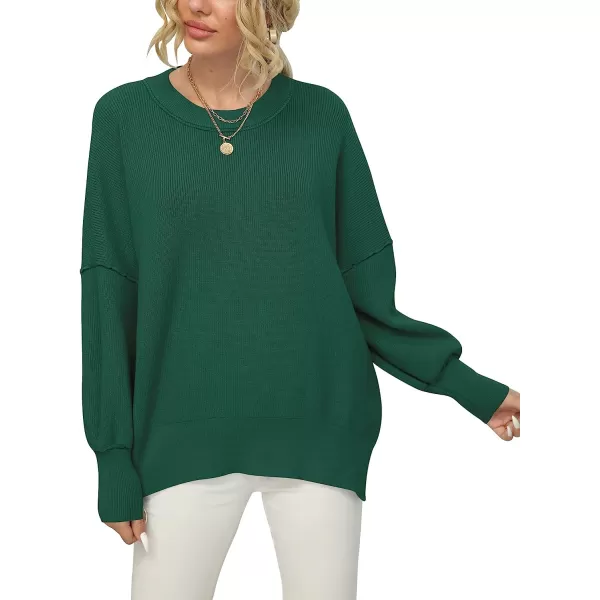 imageANRABESS Women Crewneck Batwing Sleeve Oversized Side Slit Ribbed Knit Pullover Sweater TopDark Green