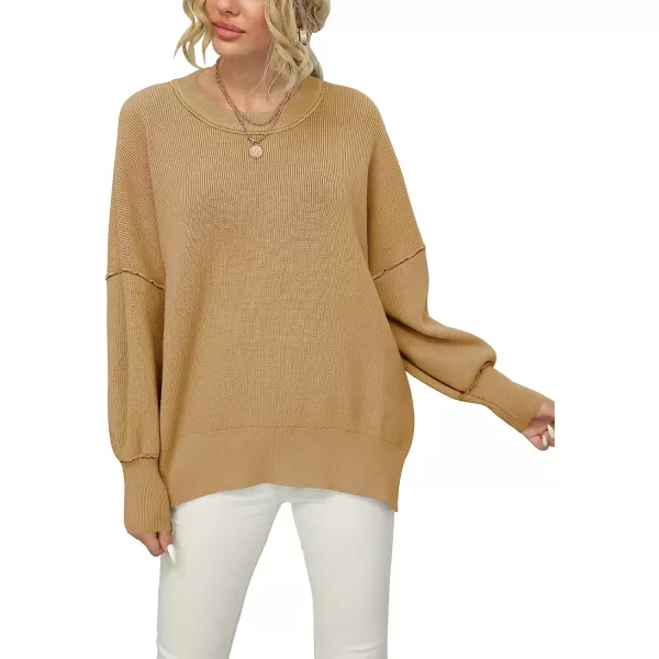 imageANRABESS Women Crewneck Batwing Sleeve Oversized Side Slit Ribbed Knit Pullover Sweater TopDeep Apricot