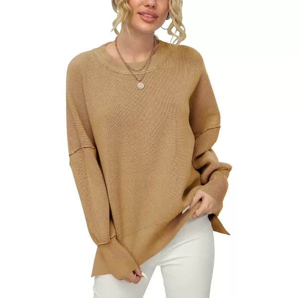 imageANRABESS Women Crewneck Batwing Sleeve Oversized Side Slit Ribbed Knit Pullover Sweater TopDeep Apricot