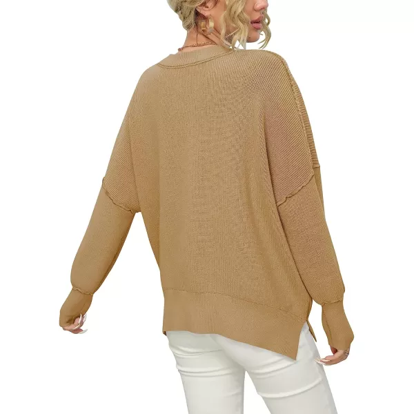 imageANRABESS Women Crewneck Batwing Sleeve Oversized Side Slit Ribbed Knit Pullover Sweater TopDeep Apricot
