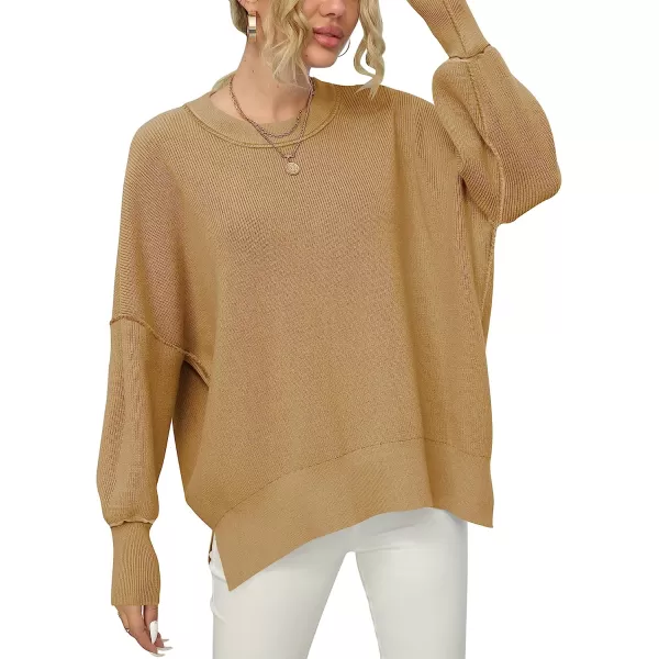 imageANRABESS Women Crewneck Batwing Sleeve Oversized Side Slit Ribbed Knit Pullover Sweater TopDeep Apricot