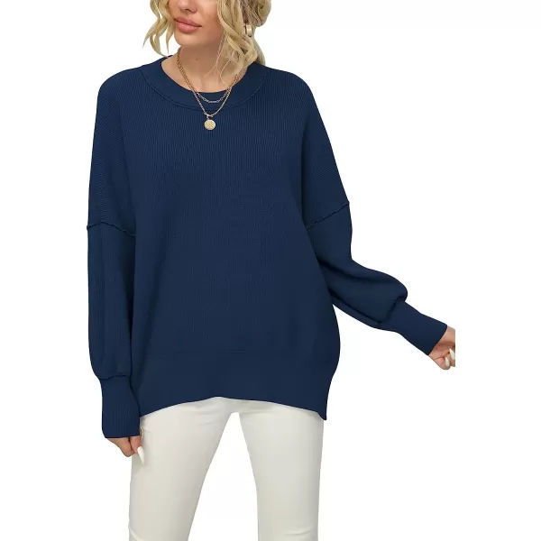 imageANRABESS Women Crewneck Batwing Sleeve Oversized Side Slit Ribbed Knit Pullover Sweater TopDeep Blue