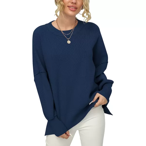 imageANRABESS Women Crewneck Batwing Sleeve Oversized Side Slit Ribbed Knit Pullover Sweater TopDeep Blue