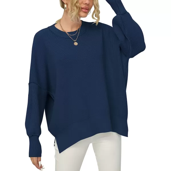 imageANRABESS Women Crewneck Batwing Sleeve Oversized Side Slit Ribbed Knit Pullover Sweater TopDeep Blue