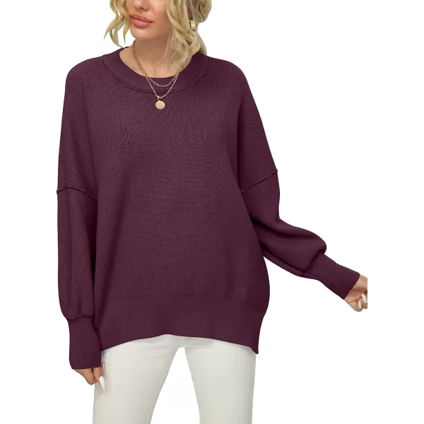 imageANRABESS Women Crewneck Batwing Sleeve Oversized Side Slit Ribbed Knit Pullover Sweater TopFuchsia