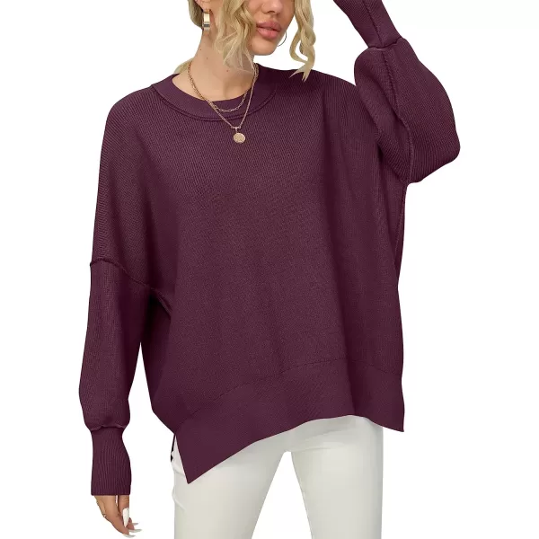 imageANRABESS Women Crewneck Batwing Sleeve Oversized Side Slit Ribbed Knit Pullover Sweater TopFuchsia