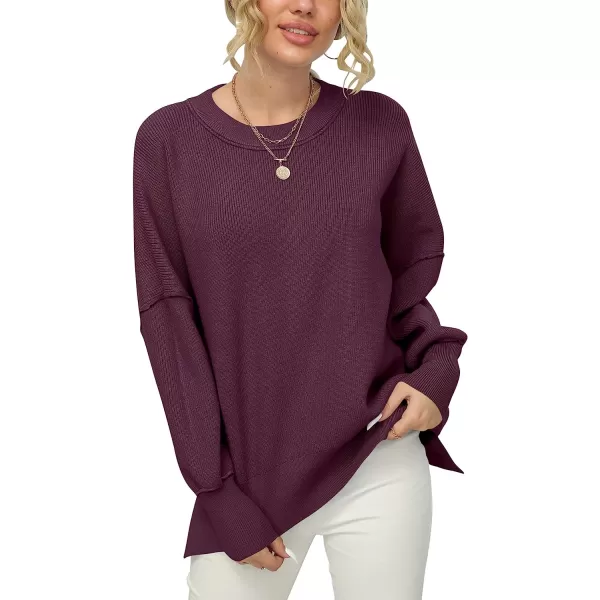 imageANRABESS Women Crewneck Batwing Sleeve Oversized Side Slit Ribbed Knit Pullover Sweater TopFuchsia