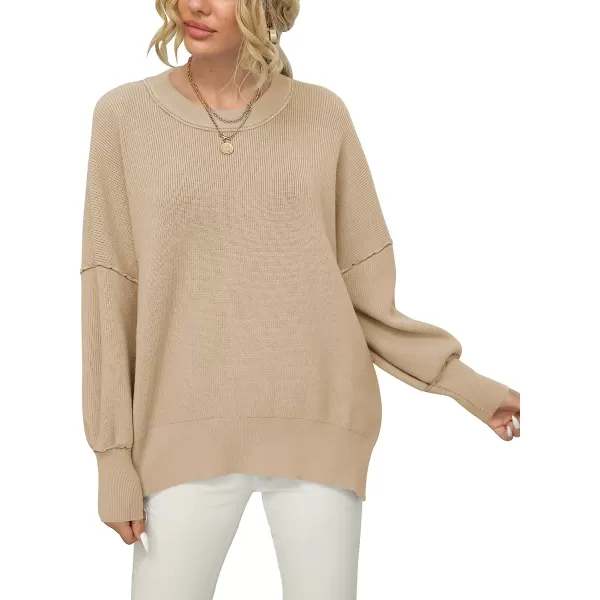 imageANRABESS Women Crewneck Batwing Sleeve Oversized Side Slit Ribbed Knit Pullover Sweater TopKhaki