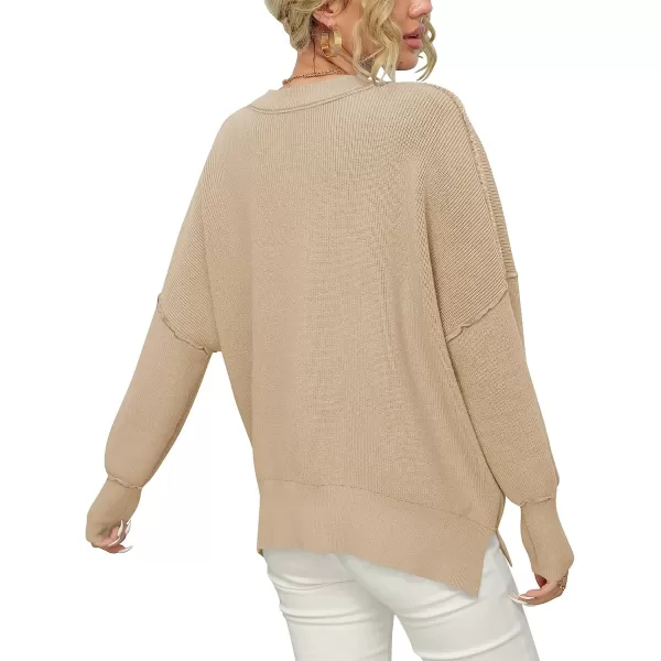 imageANRABESS Women Crewneck Batwing Sleeve Oversized Side Slit Ribbed Knit Pullover Sweater TopKhaki