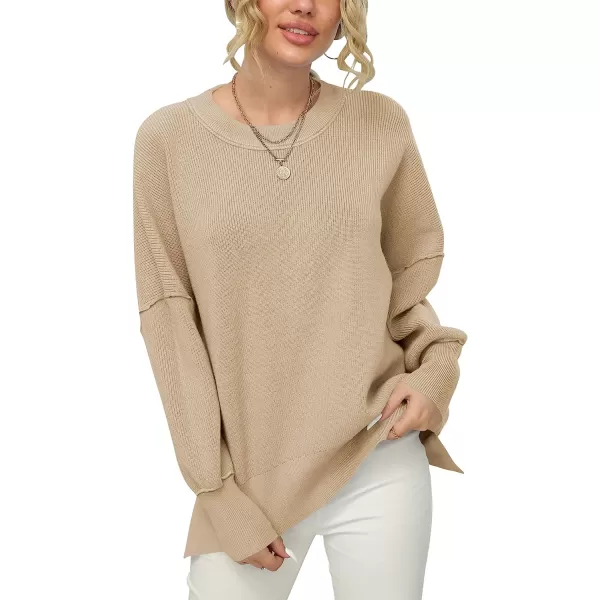 imageANRABESS Women Crewneck Batwing Sleeve Oversized Side Slit Ribbed Knit Pullover Sweater TopKhaki
