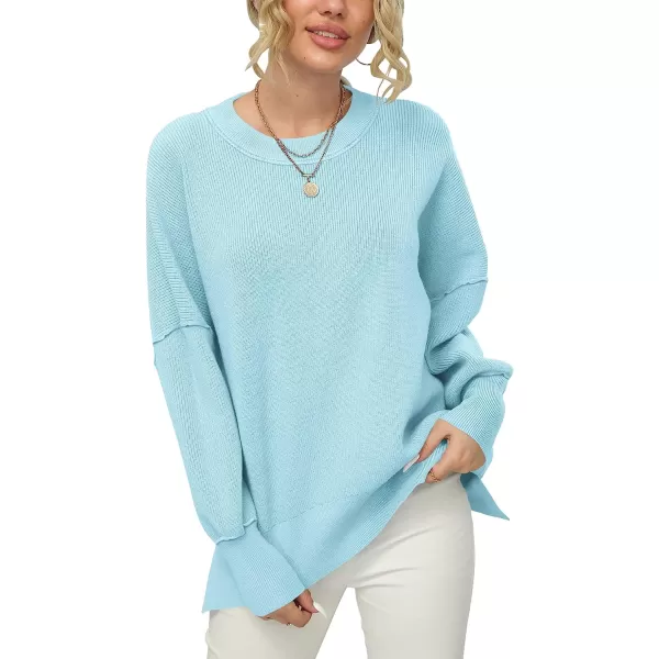 imageANRABESS Women Crewneck Batwing Sleeve Oversized Side Slit Ribbed Knit Pullover Sweater TopLight Blue