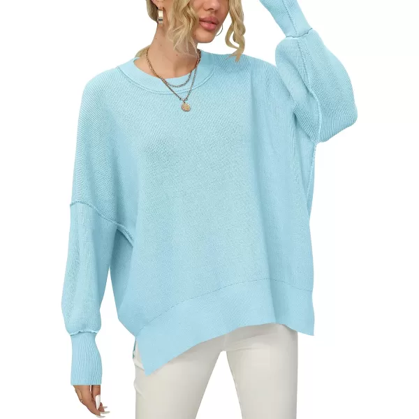imageANRABESS Women Crewneck Batwing Sleeve Oversized Side Slit Ribbed Knit Pullover Sweater TopLight Blue