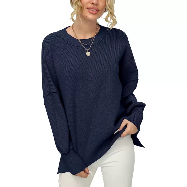 imageANRABESS Women Crewneck Batwing Sleeve Oversized Side Slit Ribbed Knit Pullover Sweater TopNavy Blue