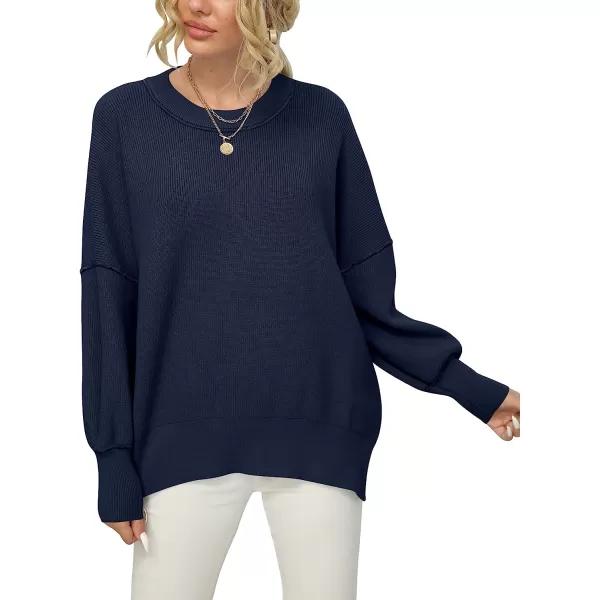 imageANRABESS Women Crewneck Batwing Sleeve Oversized Side Slit Ribbed Knit Pullover Sweater TopNavy Blue
