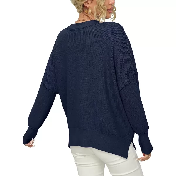 imageANRABESS Women Crewneck Batwing Sleeve Oversized Side Slit Ribbed Knit Pullover Sweater TopNavy Blue