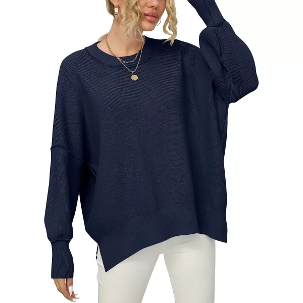 imageANRABESS Women Crewneck Batwing Sleeve Oversized Side Slit Ribbed Knit Pullover Sweater TopNavy Blue