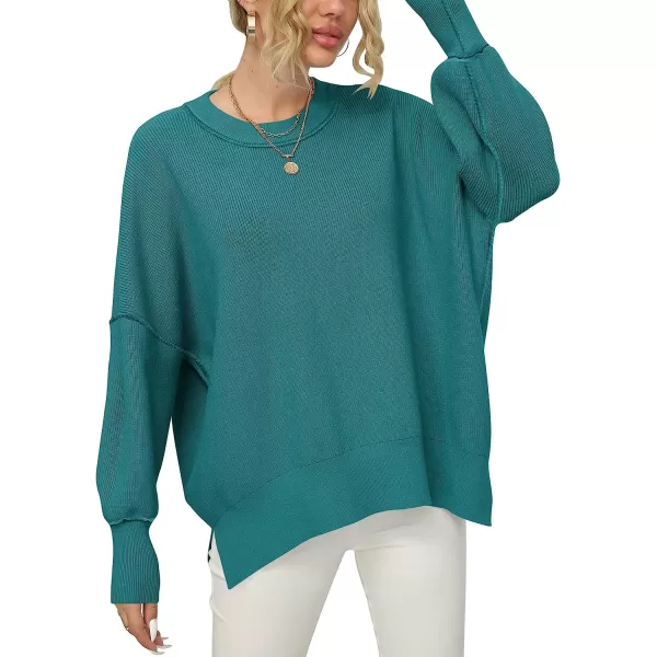 imageANRABESS Women Crewneck Batwing Sleeve Oversized Side Slit Ribbed Knit Pullover Sweater TopOpal