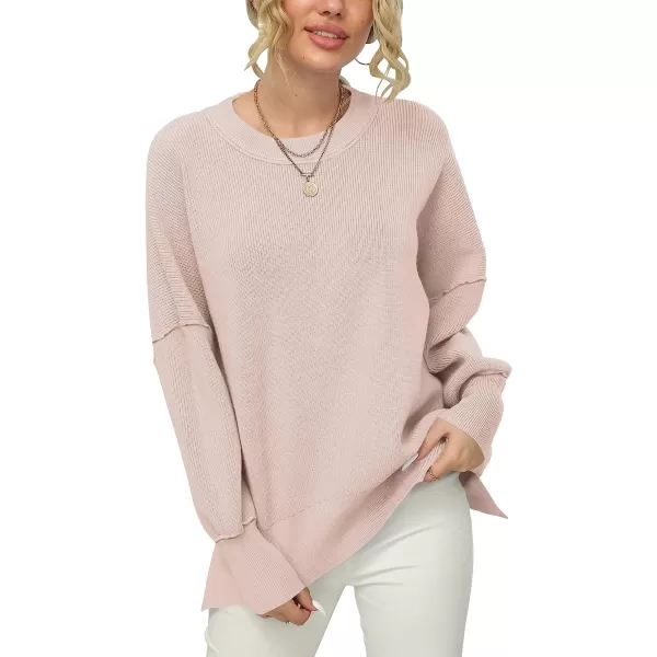 imageANRABESS Women Crewneck Batwing Sleeve Oversized Side Slit Ribbed Knit Pullover Sweater TopPink