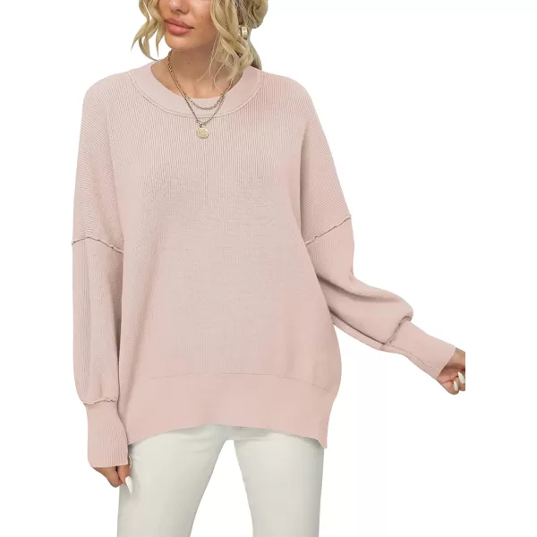 imageANRABESS Women Crewneck Batwing Sleeve Oversized Side Slit Ribbed Knit Pullover Sweater TopPink