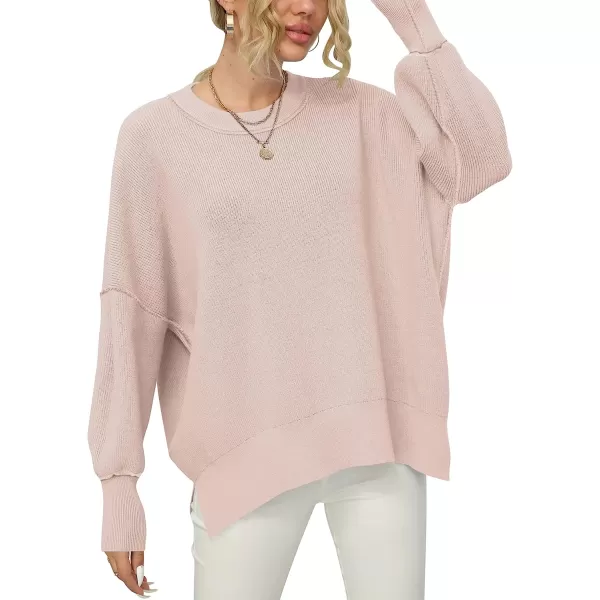 imageANRABESS Women Crewneck Batwing Sleeve Oversized Side Slit Ribbed Knit Pullover Sweater TopPink